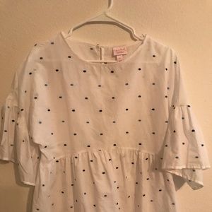 white maternity dress shirt with blue polka dots